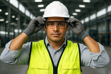Confident industrial worker wearing safety gear in warehouse environment, symbolizing workplace safety and professionalism in industry concept. Ai generative