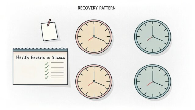 Recovery pattern concept with clocks, checklist, and health reminder for wellness, self-care, and personal growth journey