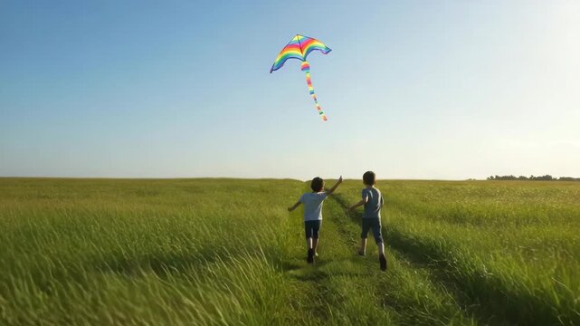 Boys flying kite in open field green grass landscape, children outdoor recreation activity, bright daylight play, summer meadow kite, family game, kids playing outdoors, spring field kite