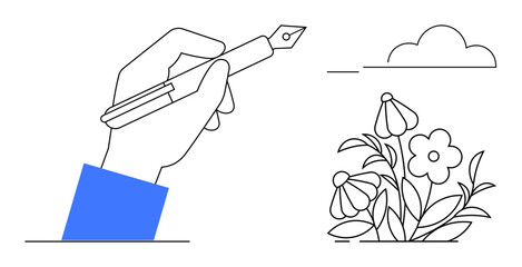 Hand holding fountain pen sketching flowers and clouds. Ideal for creativity, nature, art, design, inspiration, education, growth. Simple flat metaphor for innovation and creativity