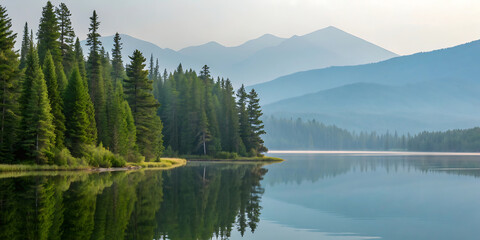Scenic mountain lake landscape with forest reflection in the water under a cloudy summer sky