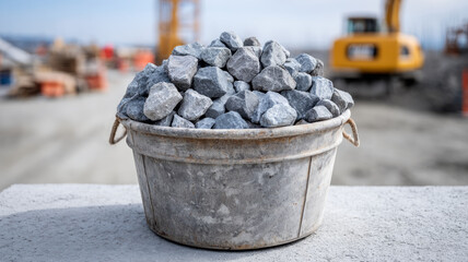 Bucket filled with rocks at a construction site.