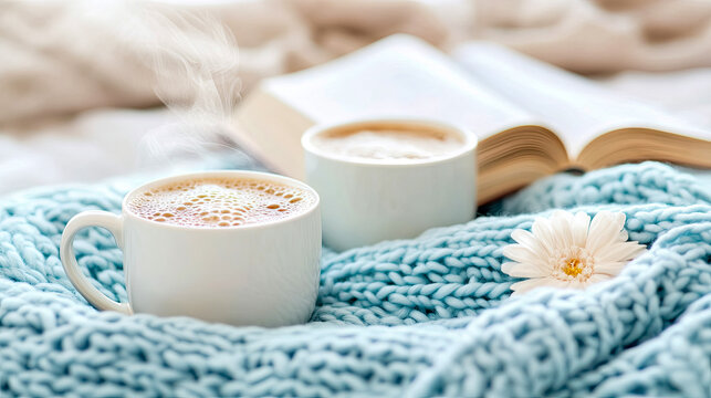 Warm and inviting scene with two mugs of hot drink, steam rising, resting on thick blue knit blanket next to open book and delicate white daisy, evoking relaxation and hygge.