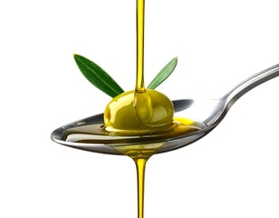 Close-up of a silver spoon holding a green olive with olive oil pouring onto it. Fresh green leaves adorn the olive. White background