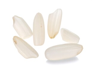 Close-up of several uncooked rice grains on a white surface