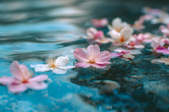 delicate blossom petals gently floating on calm water surface creating a serene natural spa inspired vibe