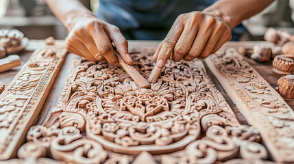 Skilled artisan meticulously hand-carving intricate floral and scrollwork patterns into wooden panel, showcasing traditional craftsmanship and dedication to detailed artistry