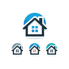 House logo design with blue circle background and variations.