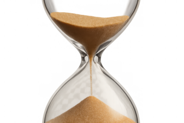 Hourglass with sand flowing, representing time passing, deadline approaching, countdown, urgency, and measurement on transparent background