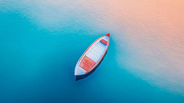 Peaceful aerial view of solitary red and white wooden boat gently floating on tranquil, gradient turquoise and peach-hued calm water, evoking serenity and solitude - Powered by Adobe