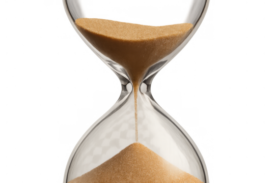 Hourglass with sand flowing, representing time passing, deadline approaching, countdown, urgency, and measurement on transparent background