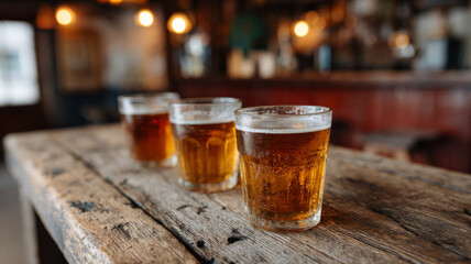 Glasses of beer on a wooden table in a cozy pub.