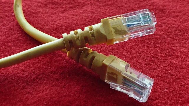 Ethernet or rj45 internet connector optical fiber cable used for lan and wan network connection isolated on red table. Communication, cyberspace and networking concept. Extreme closeup side view.