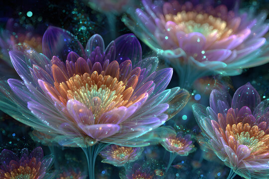 digital fractal blossoms glowing in holographic colors blending futuristic technology with organic art aesthetic