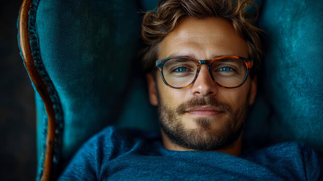 Intimate close-up portrait of handsome, serene man with beard and tortoiseshell glasses, resting comfortably in deep teal velvet armchair