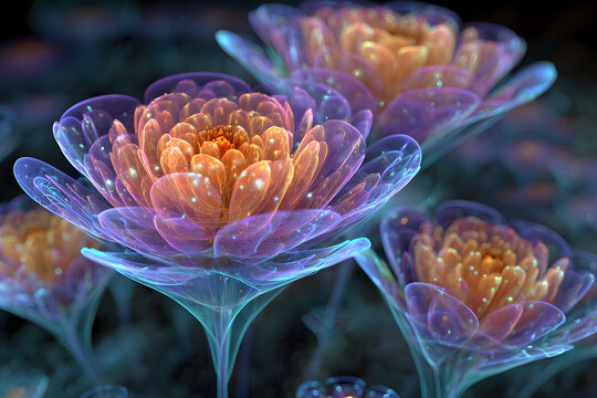 digital fractal blossoms glowing in holographic colors blending futuristic technology with organic art aesthetic