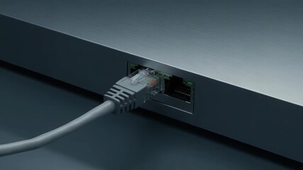 Ethernet cable connector inserted into metal port, wired network setup, high speed data transfer, office equipment, laptop and desktop hardware, digital communication, stable internet connection - Powered by Adobe
