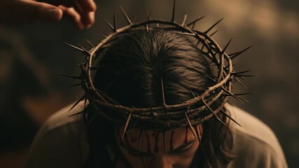 Man with a crown of thorns and drops of blood on his face, depicting the suffering of christ. Passion week for christianity.