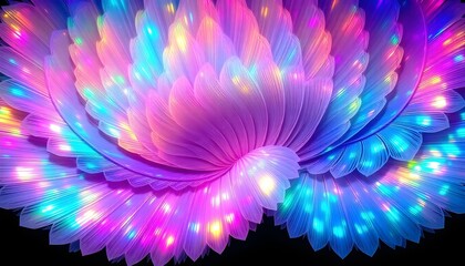 Vibrant abstract floral design with radiating petals and glowing iridescent colors, creating a captivating visual effect.