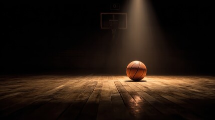 Basketball resting on a wooden court illuminated by a single spotlight in a dark gymnasium setting during a quiet moment of reflection