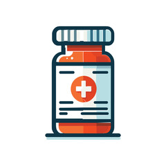 A stylized illustration of an orange prescription medicine bottle with a white label and a red cross symbol.