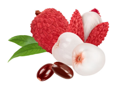 exotic lychee fruit, peeled segments revealing white flesh, accompanied by seeds and fresh green leaves, isolated on a transparent background.