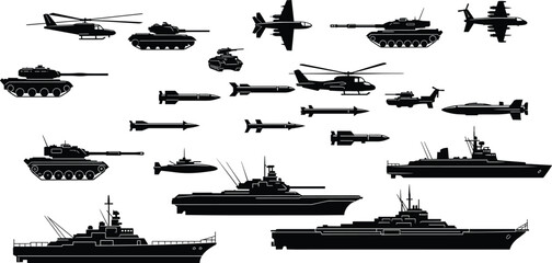 Military vehicle silhouettes, tanks, helicopters, submarines, missiles, warships, bombs, aircraft carriers, destroyers, armored vehicles, warfare equipment, combat icons, black shapes