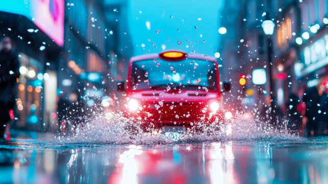 Captivating low-angle view of red vehicle dramatically splashing through deep puddle on wet city street at night, with luminous water spray catching glow of headlights and vibrant urban reflections.