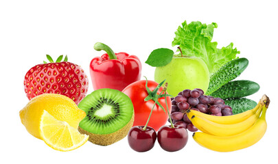 abundant arrangement of colorful mixed fresh fruits and vegetables, including strawberries, bananas, lemons, and peppers, isolated on a transparent background.