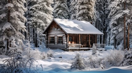 cabin in a snowy forest, cozy log cabin surrounded by pine trees covered in snow, winter wonderland landscape, atmospheric and moody lighting, detailed and realistic rendering, intricate textures, cin