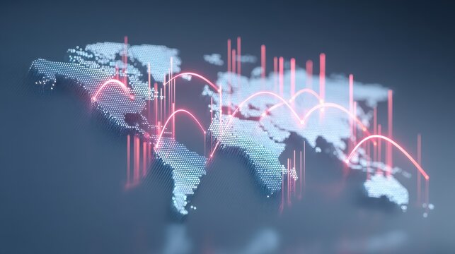 Abstract world map with data visualization and network connections in a digital landscape.