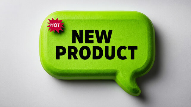 Green speech bubble with 'New Product' text for promotion.