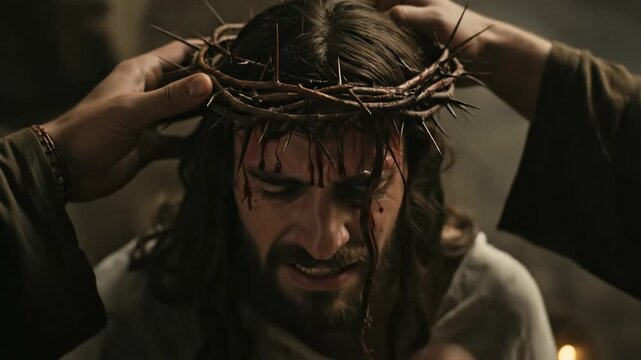 Jesus Christ is crowned with thorns, blood dripping down his face, The Passion of Christ, Christian video for Good Friday