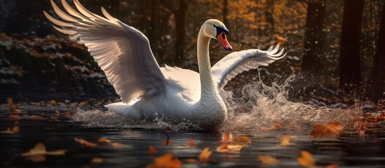 a swan on a lake with its wings outstretched, dynamic movement, vibrant colors, dramatic lighting, highly detailed, realistic, cinematic, 8k, digital art
