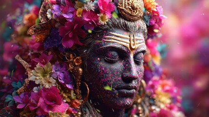 Vibrant celebration of culture with a beautifully adorned statue surrounded by colorful flowers during a festive occasion