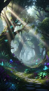 Magical misty forest illuminated by glowing rays creating enchanting fantasy atmosphere
Seamless looping, virtual video animation background. Generated AI	