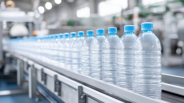 Bottled water production line in a modern factory showcasing clear plastic bottles on a conveyor belt.