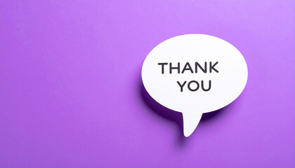 White speech bubble with text THANK YOU on bright purple background, expression of gratitude