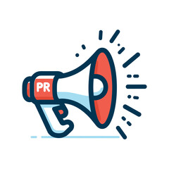A vibrant cartoon illustration of a megaphone with "PR" written on its side, emitting sound waves, symbolizing public relations and communication.