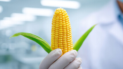 Close-up of a scientist holding fresh corn in a laboratory, showcasing agricultural research and innovation.