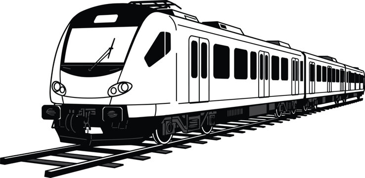 Modern electric passenger train, railway transport, urban transit, black and white illustration, streamlined design, travel infrastructure, locomotive, metro, commuting, speed
