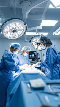 Surgeons performing an operation, assisted by surgical lights, medical equipment, and operating table in the sterile hospital operating room.