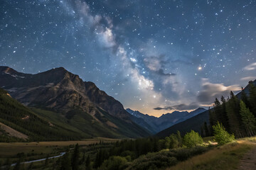 Panoramic mountain landscape in the Alps with snow-covered peaks, green valley, and blue sky