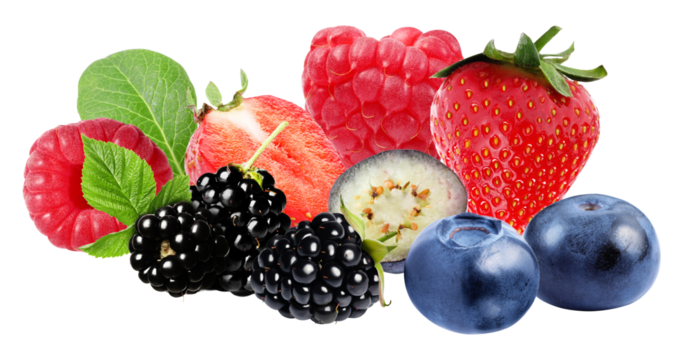 vibrant cluster of mixed fresh berries, including raspberries, strawberries, blackberries, and blueberries, emphasizing variety and rich antioxidant content, isolated on black.