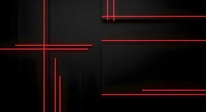 Abstract 3D illustration of a red and black background design with glowing lines for technology and business concepts
