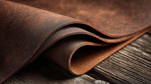 Brown genuine leather material showing textured surface and raw edges, lying on a rustic wooden background, representing craftsmanship, quality, and traditional manufacturing - Powered by Adobe