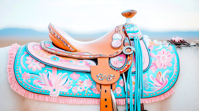 Vibrantly Embellished Western Saddle and Floral Turquoise Saddle Blanket on Horse, Showcasing Intricate Details and Whimsical Aesthetic Against Desert Landscape