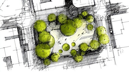 Architectural sketch detailing an urban park, featuring green trees and a modern city layout from an overhead perspective, illustrating sustainable landscape design and urban planning concepts