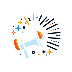 A stylized illustration of a megaphone emitting colorful sound waves and stars, symbolizing announcement or promotion.