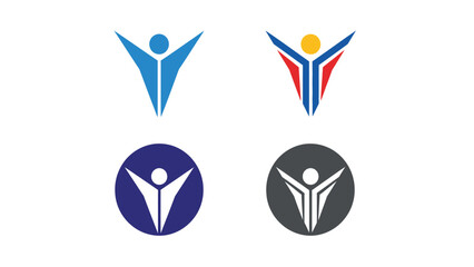 Human Success Abstract Logo Template Set. Happy person icon with arms raised, symbolizing victory, freedom, health, and achievement. Vector illustration bundle.